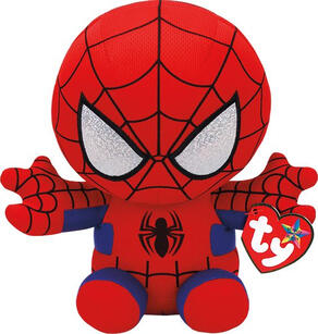 Spider-man plushie. His arms are outstretched and his eyes are sparkly.